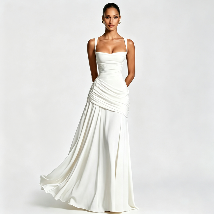 Minimalist Square Neck Ruched Waist Floor Gown
