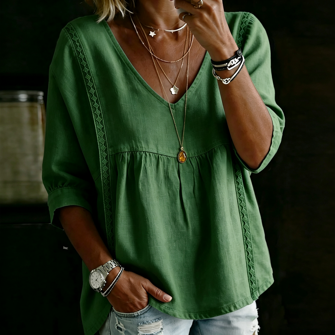 V Neck Lace Trim 3/4 Sleeve Tunic Blouse
