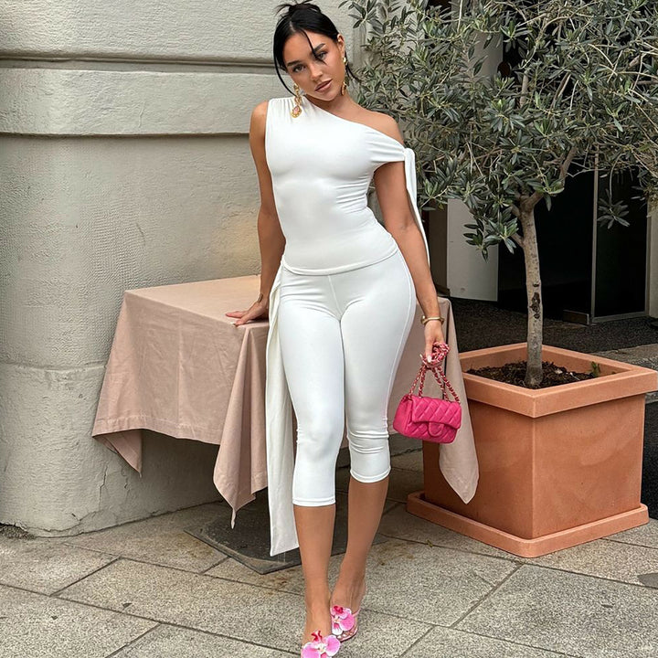 One-Shoulder Tie-Detail Two-Piece Set | Bodycon Crop Top &amp;amp; Capri Leggings Outfit
