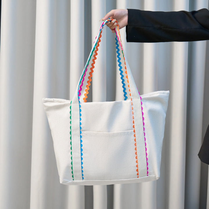 Colored Scalloped Cotton Tote Bag with Pouch, Canvas Mother &amp; Daughter Bags