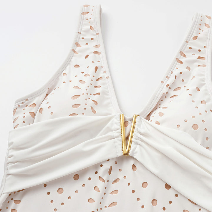White Laser-Cut One-Piece Swimsuit with Matching Maxi Cover-Up Skirt Set