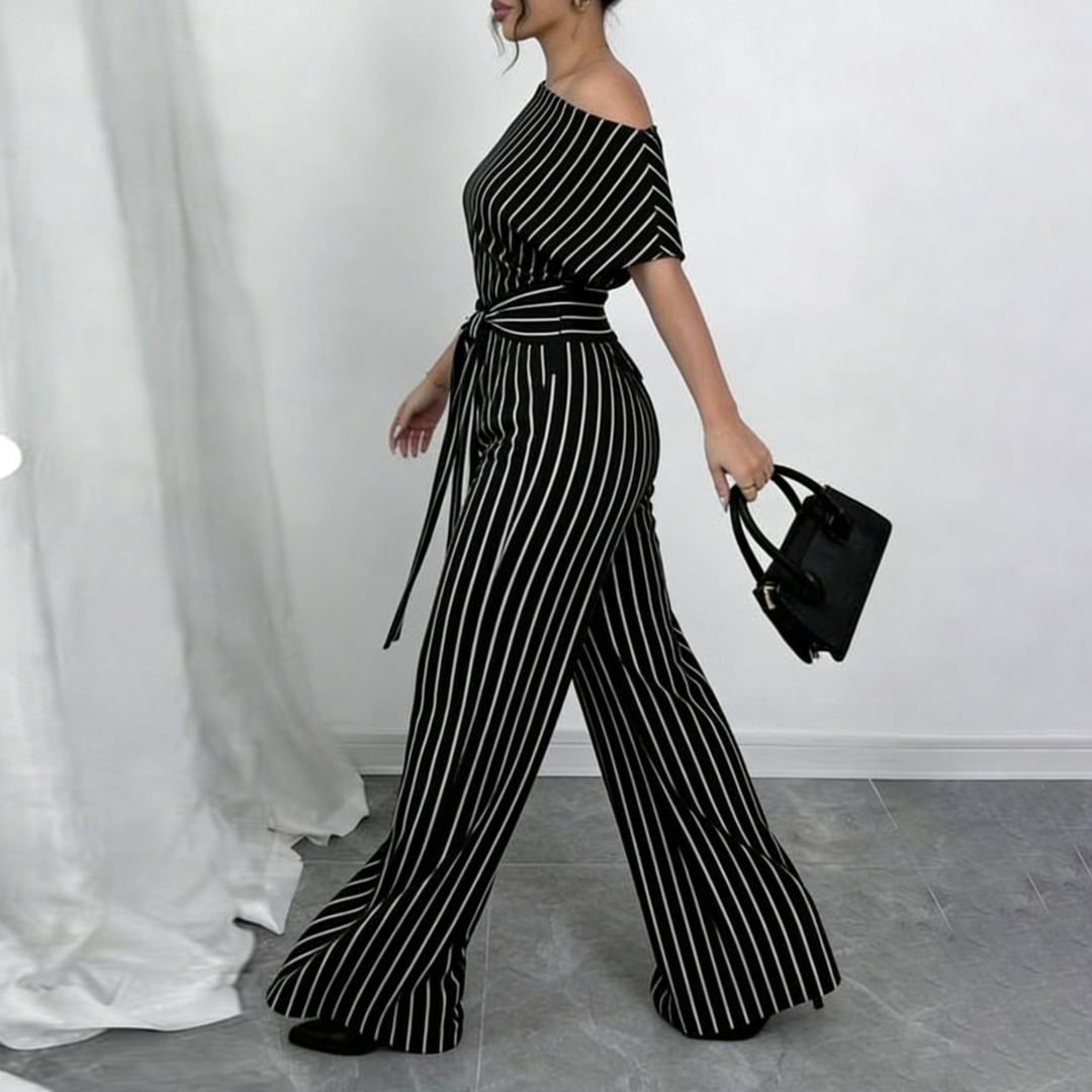 Off Shoulder Belted Wide Leg Jumpsuit