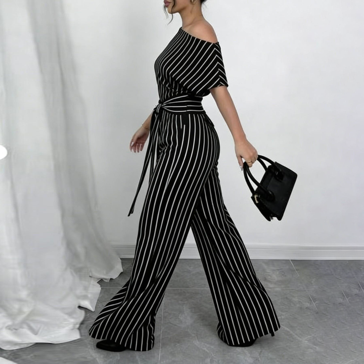 Off Shoulder Belted Wide Leg Jumpsuit