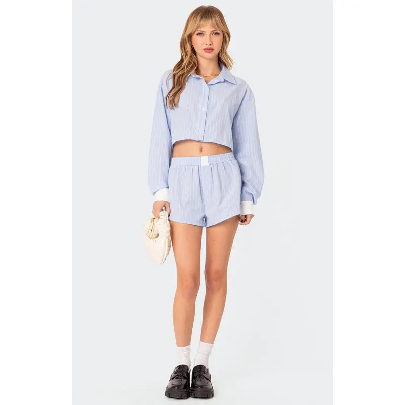Striped Cropped Button-Down Shirt &amp;amp; Elastic Waist Shorts 2-Piece Set