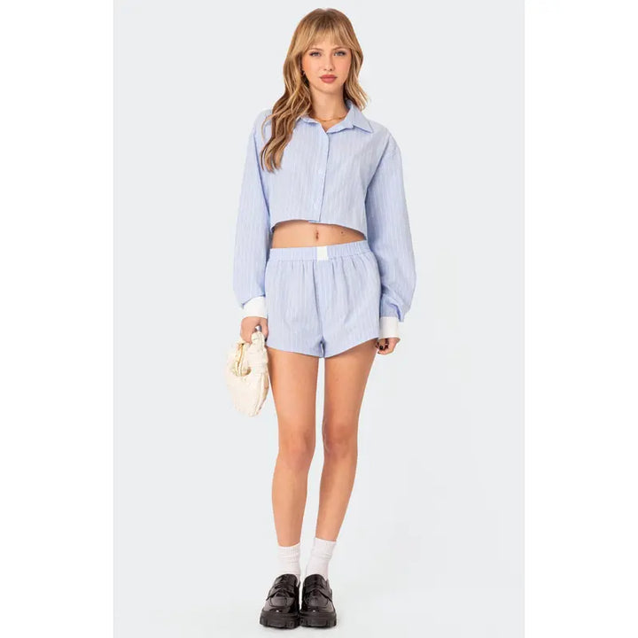 Striped Cropped Button-Down Shirt &amp;amp; Elastic Waist Shorts 2-Piece Set