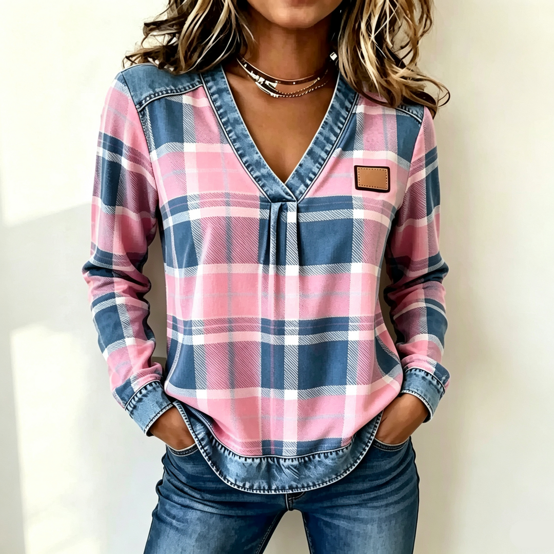 Denim Trim Plaid Print V Neck Top