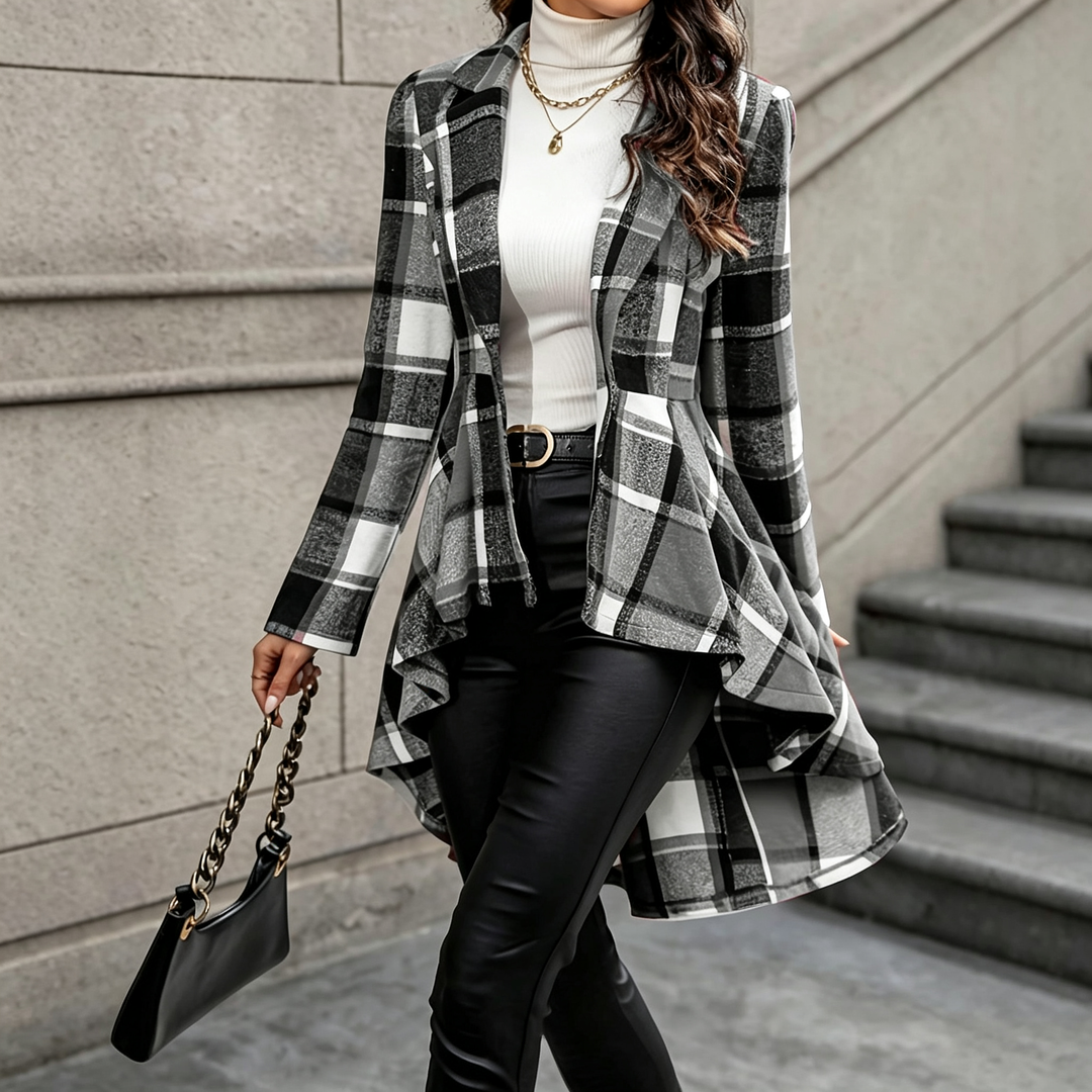 Irregular Hem Plaid Long Sleeve Coat