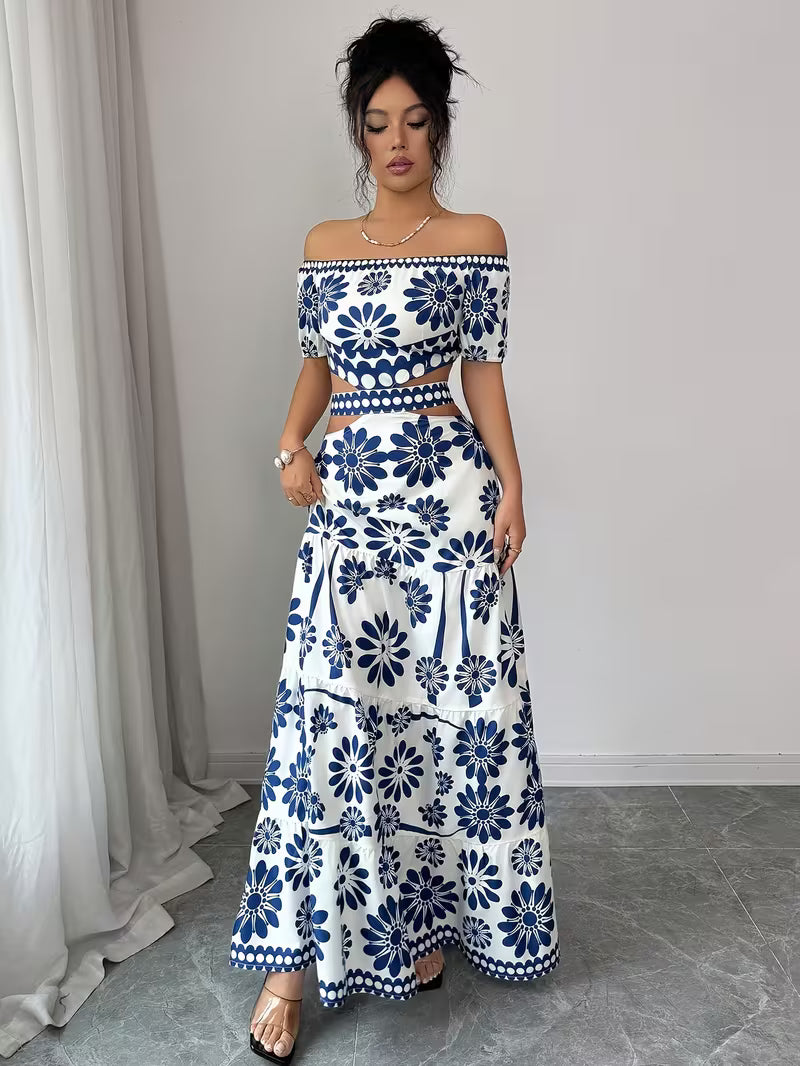 Floral Off-Shoulder Waist Cutout Dress