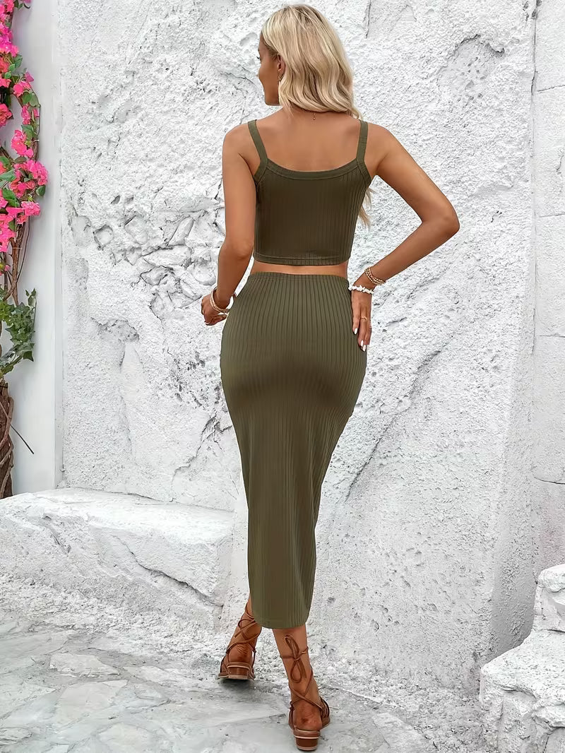 Olive Green Ribbed Crop Top &amp;amp; Wrap Midi Skirt Two-Piece Set