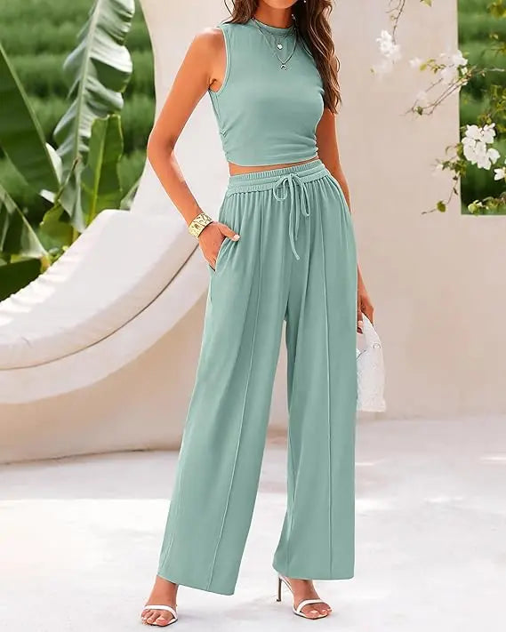Two-Piece Outfit, Ruched Sleeveless Crop Top &amp; High-Waisted Wide Leg Pants Set