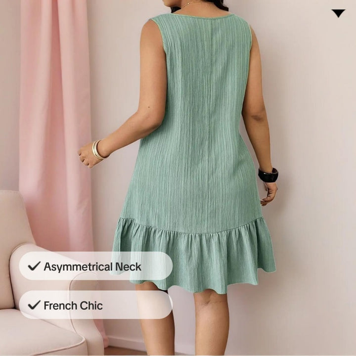 Asymmetric Neck Sleeveless Ruffle Hem Mini Dress