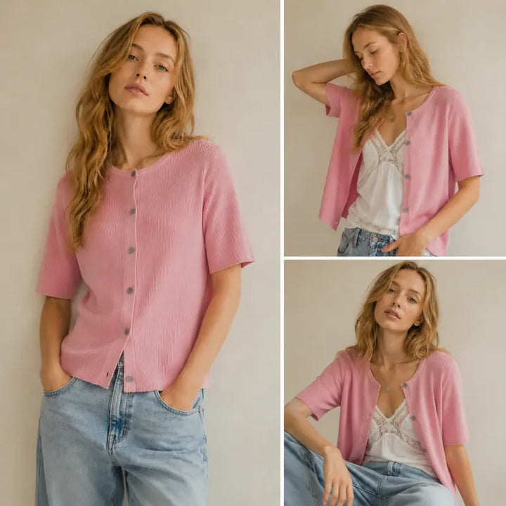 Short-Sleeve Knit Cardigan, Button-Up Relaxed Fit Top