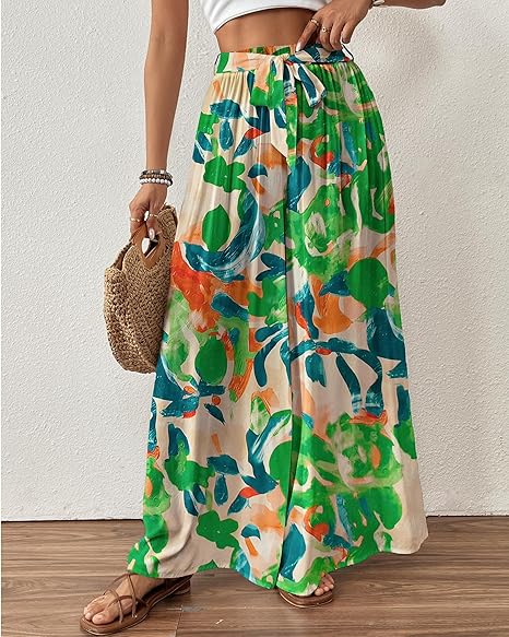 Floral Print Wide Leg Pants, High Waist Drawstring Palazzo Trousers