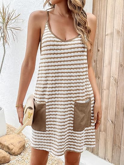 Striped Racerback Romper Dress, Lined Sleeveless Cover-Up with Pockets