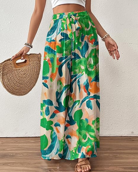Floral Print Wide Leg Pants, High Waist Drawstring Palazzo Trousers