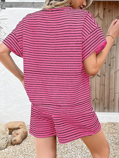 Striped Loungewear Set, Oversized Tee &amp; Drawstring Shorts