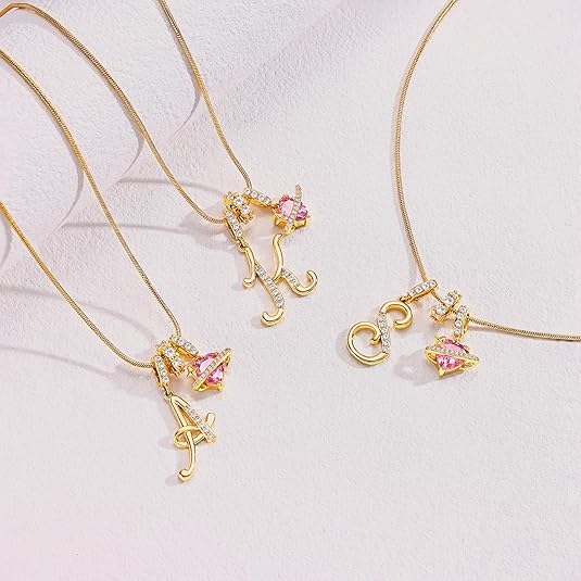 Personalized Pink Heart Saturn Initial Necklace – Dainty Gold &amp; Silver Letter Jewelry