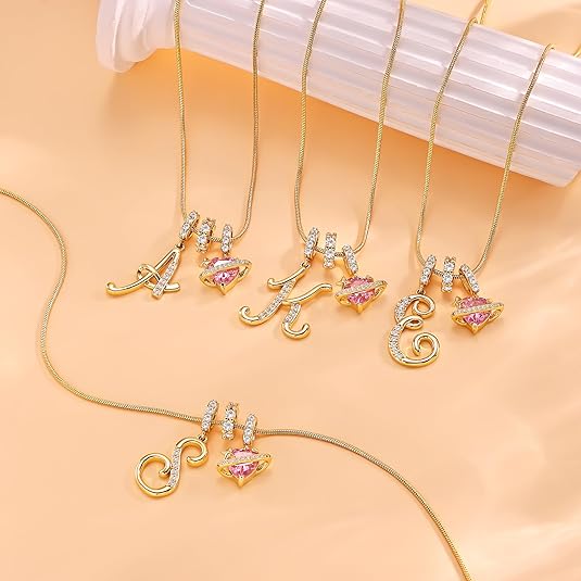 Personalized Pink Heart Saturn Initial Necklace – Dainty Gold &amp; Silver Letter Jewelry