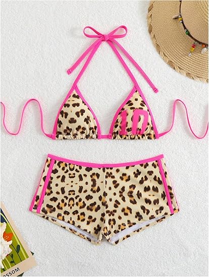 Leopard Print Triangle Bikini Set with Pink Trim