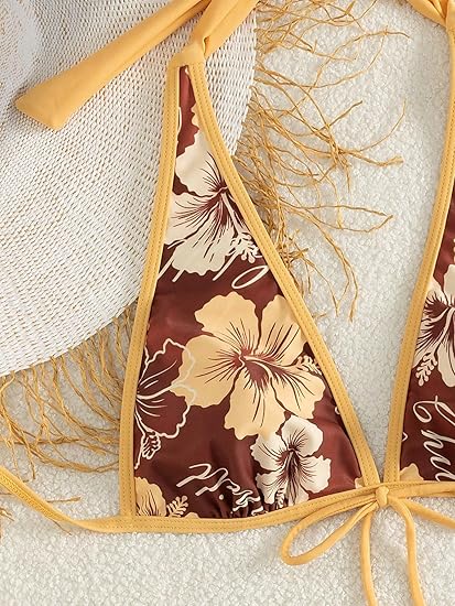 Hibiscus 3-Piece Swimwear Set: Triangle Bikini + Skirted Bottom