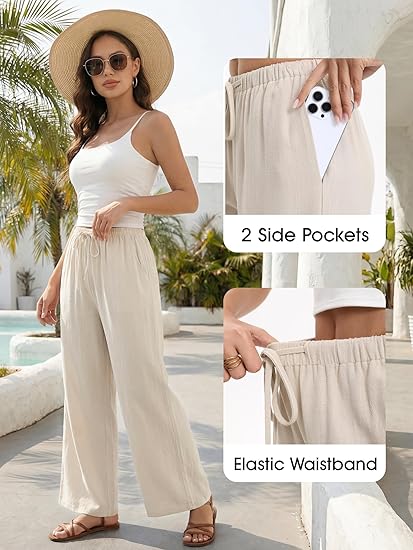 Beige Elastic Waist Linen-Blend Wide Leg Pants with Drawstring &amp; Pockets