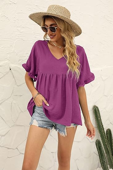 Crinkled Babydoll Blouse, V-Neck Ruffle Short Sleeve Casual Top