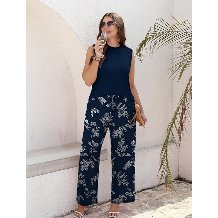 Sleeveless High-Neck Top Printed Wide-Leg Pants Set