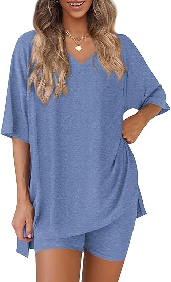 Oversized V-Neck Tee &amp;amp; Biker Shorts Two-Piece Set