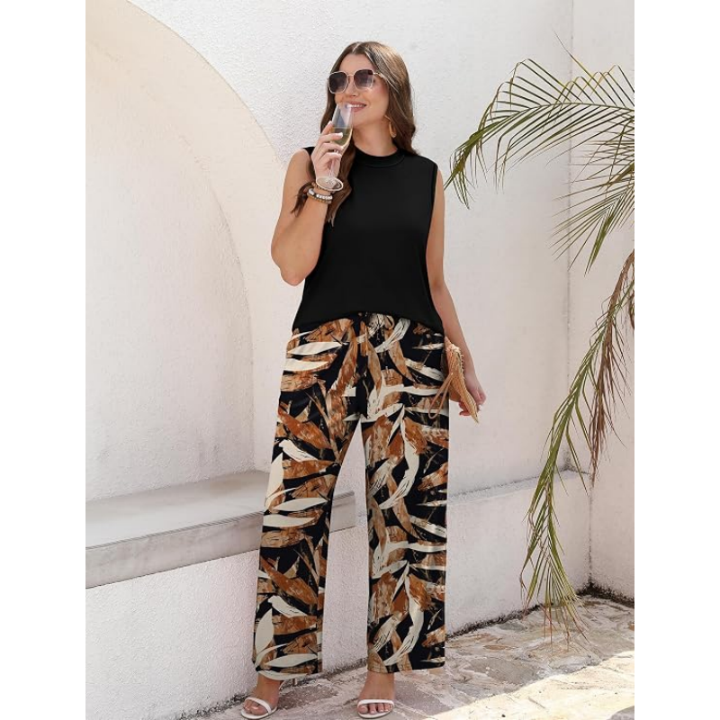 Sleeveless High-Neck Top Printed Wide-Leg Pants Set