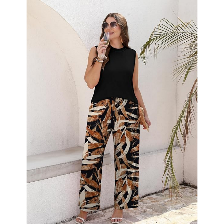 Sleeveless High-Neck Top Printed Wide-Leg Pants Set