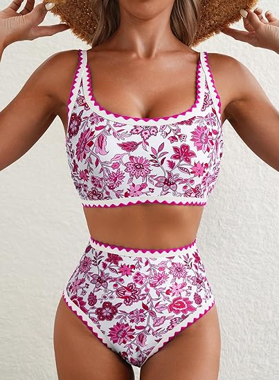 Women Bikini Sets Floral Print Whip Stitch 2 Piece Swimsuits High Waisted Scoop Bathing Suits