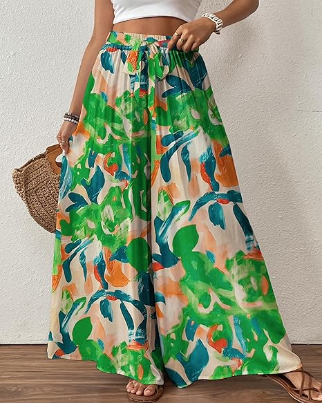 Floral Print Wide Leg Pants, High Waist Drawstring Palazzo Trousers