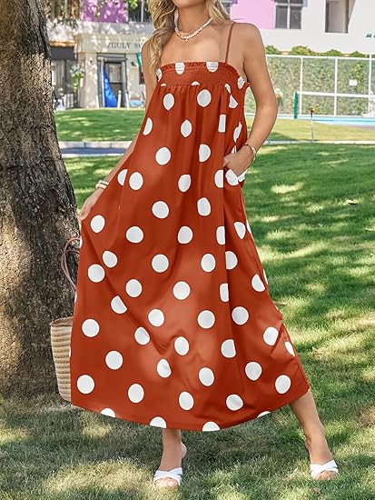 Womens Summer Polka Dot Spaghetti Strap Maxi Dress with Pockets