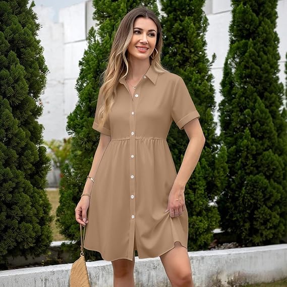 Light Pink Short Sleeve Button-Down Shirt Dress