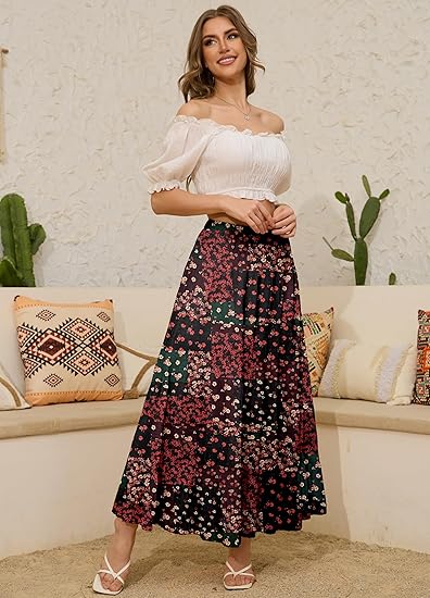Boho Floral Tiered Midi Skirt, Elastic Waist Pleated A-Line Skirt