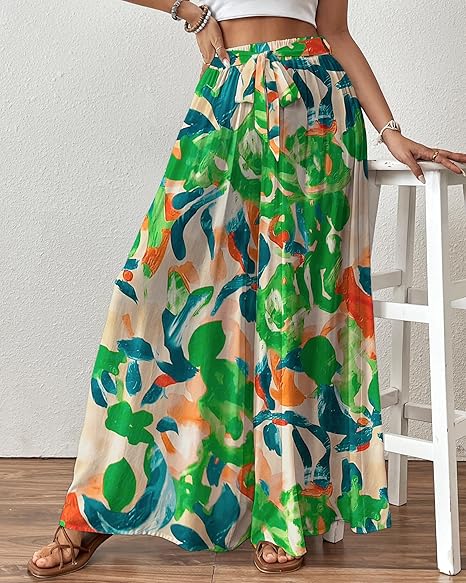 Floral Print Wide Leg Pants, High Waist Drawstring Palazzo Trousers