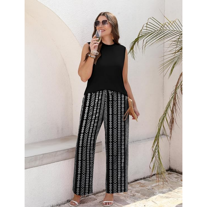 Sleeveless High-Neck Top Printed Wide-Leg Pants Set