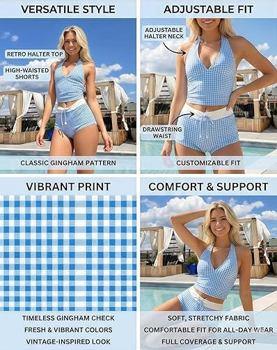 Gingham Halter Top &amp; High-Waisted Shorts 2-Piece Set