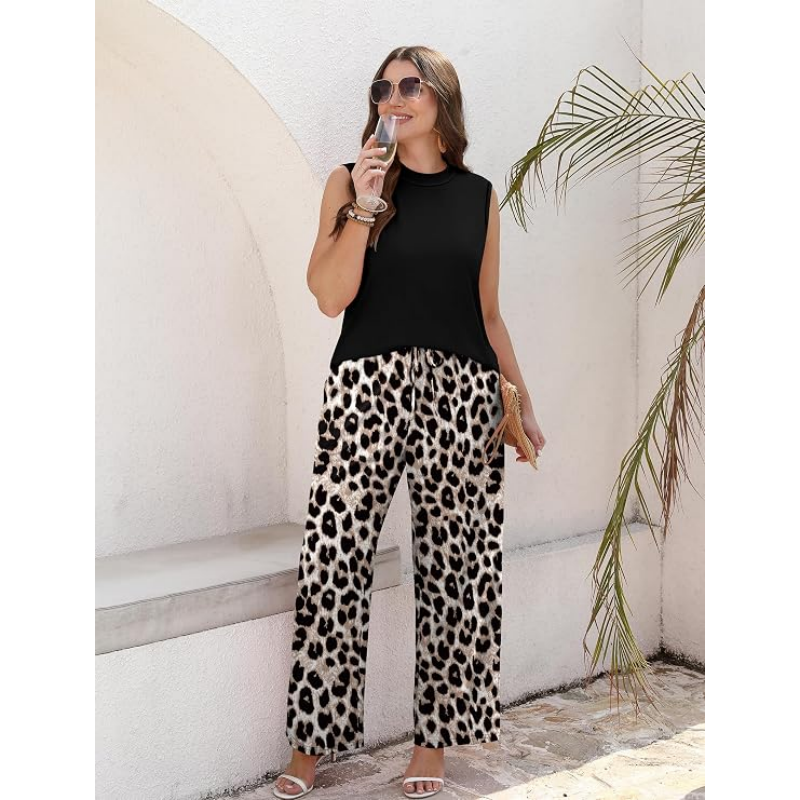 Sleeveless High-Neck Top Printed Wide-Leg Pants Set