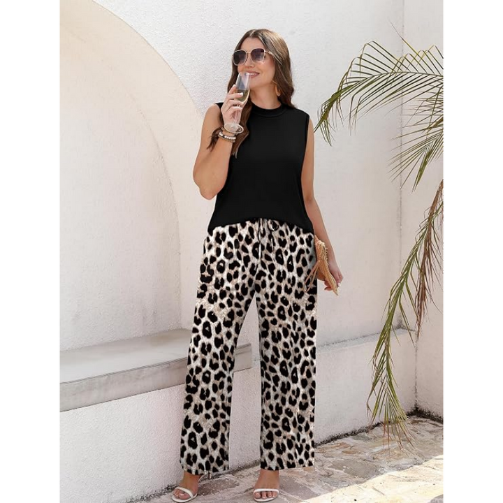 Sleeveless High-Neck Top Printed Wide-Leg Pants Set