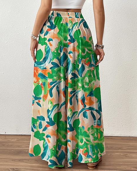Floral Print Wide Leg Pants, High Waist Drawstring Palazzo Trousers
