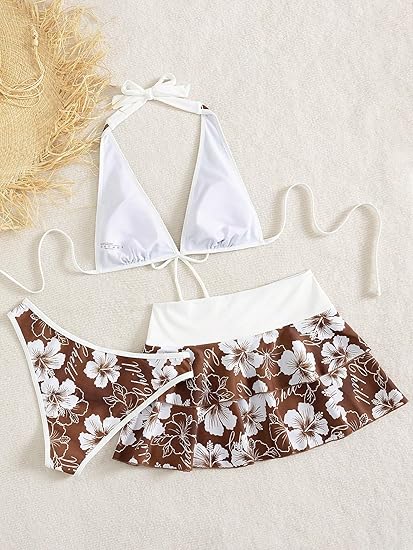 Hibiscus 3-Piece Swimwear Set: Triangle Bikini + Skirted Bottom