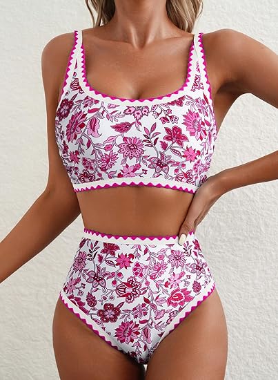 Women Bikini Sets Floral Print Whip Stitch 2 Piece Swimsuits High Waisted Scoop Bathing Suits