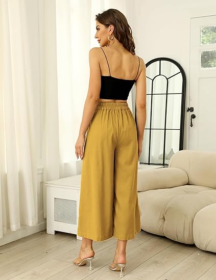 Linen Cropped Wide Leg Pants –  High-Waist Elastic Relaxed Fit Trousers