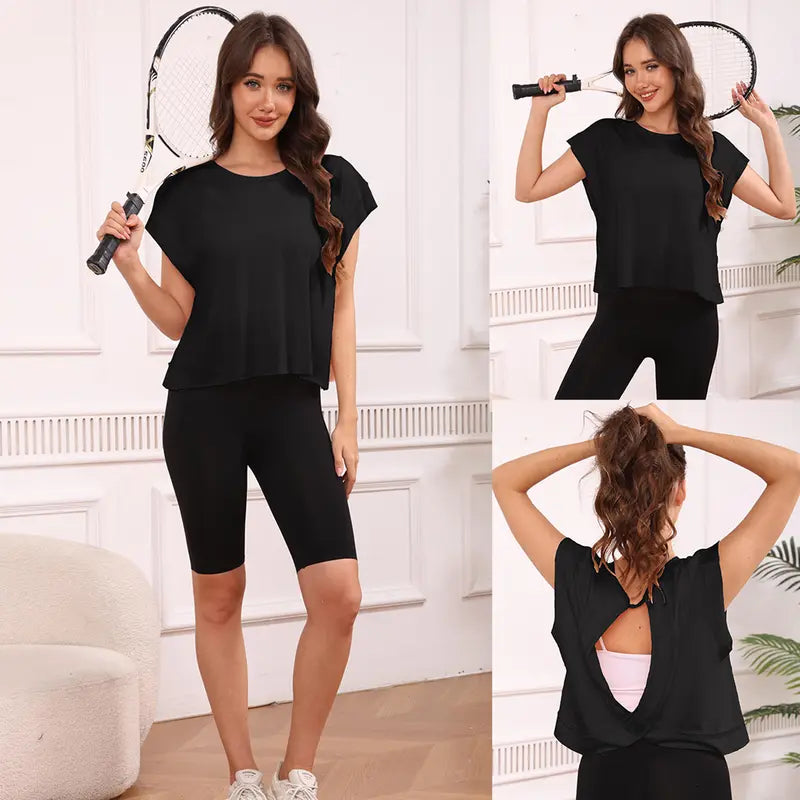 Open-Back Cropped Athletic Tee, Breathable Twist-Back Workout Top