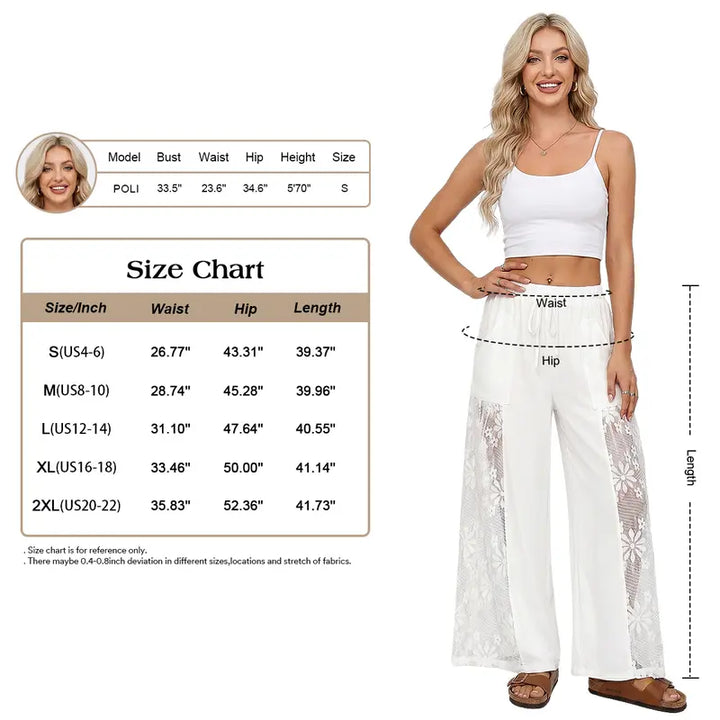 Floral lace patchwork elastic waist wide-leg pants