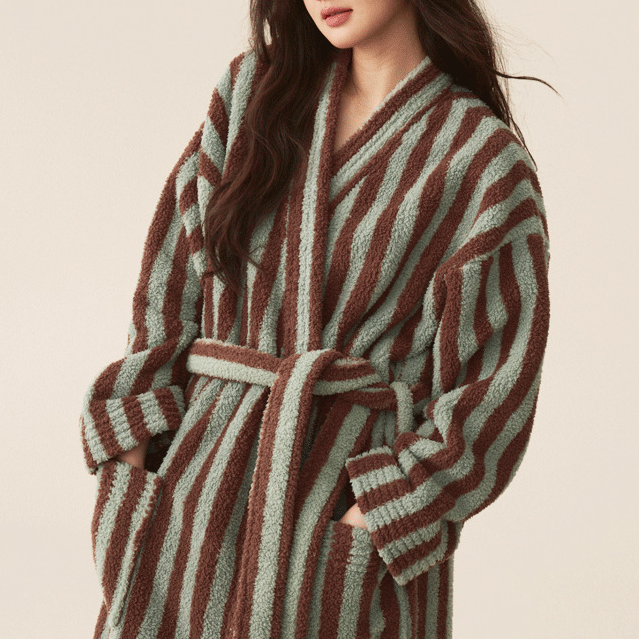 Pocketed Striped Plush Long Robe