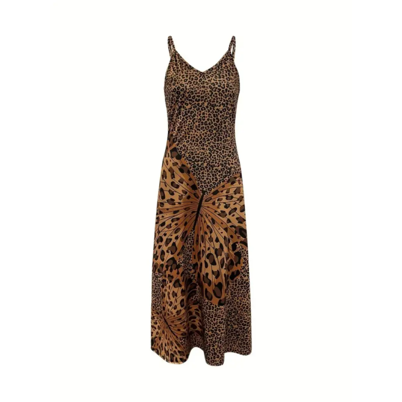 Leopard Butterfly Print Spaghetti Strap V Neck Maxi Dress