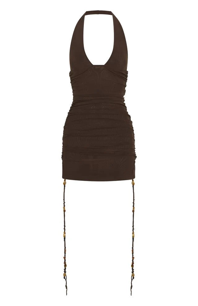 Dark Brown Halter Ruched Bodycon Mini Dress | Beaded Fringe Tassel Y2K Dress