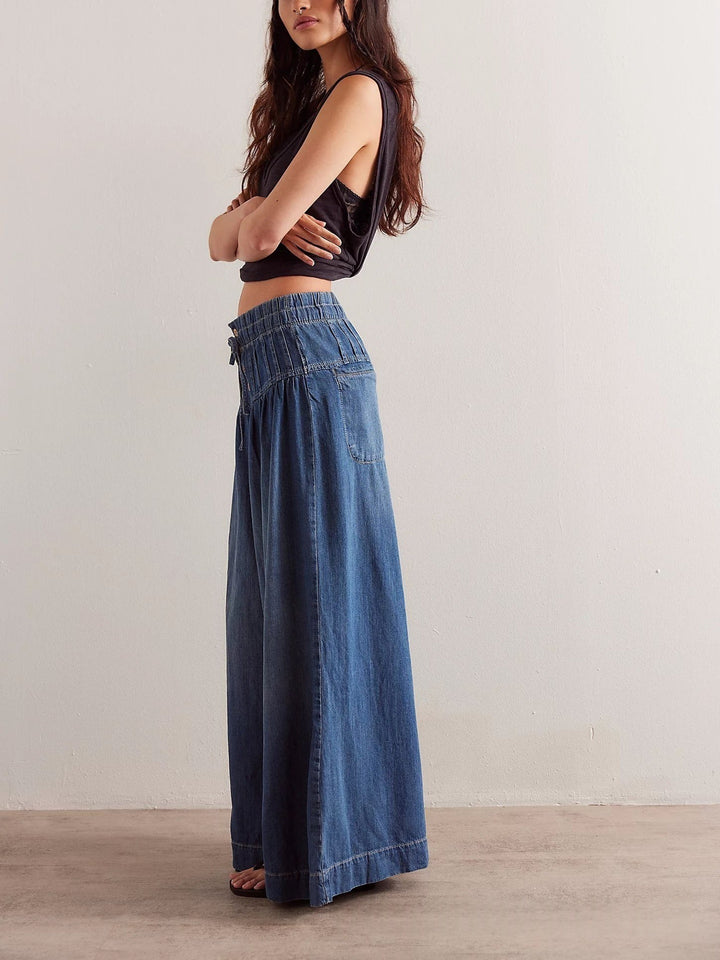 High-Waisted Denim Wide Leg Pants with Corset Waist